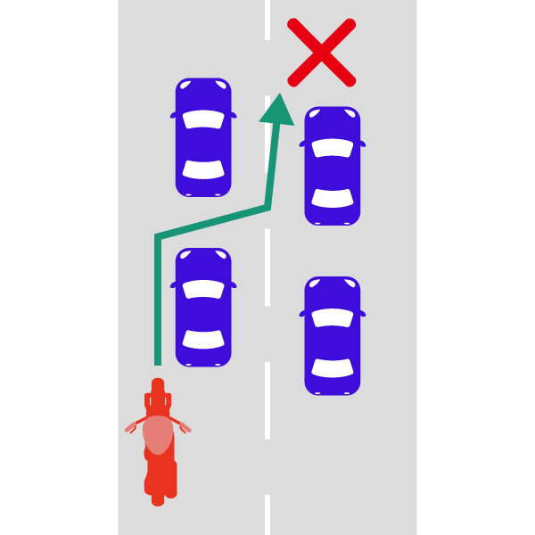 停止している車の間を通過して前方に割り込む行為